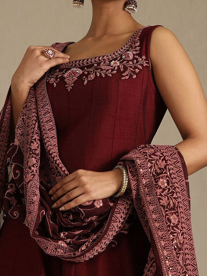 Dhiyona SO Women's Floral Embroidered Beads and Stones A-Line Gown with Dupatta