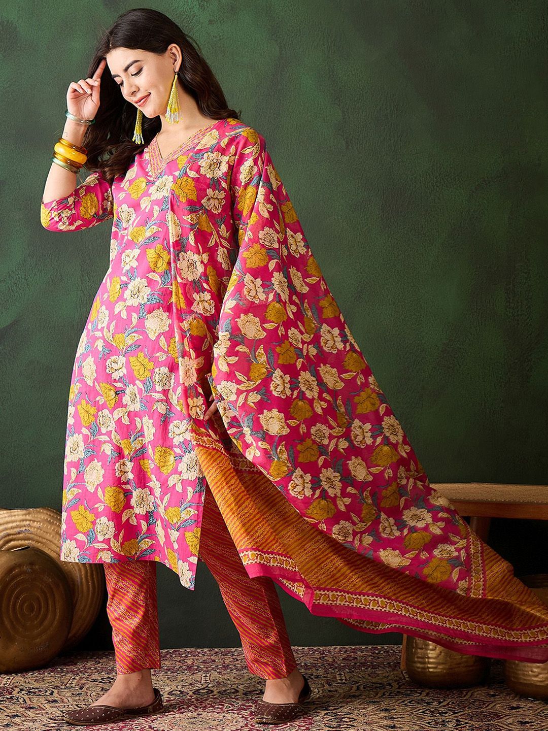 Dhiyona SN Women's Floral Printed Sequinned Pure Cotton Straight Kurta & Trouser With Dupatta
