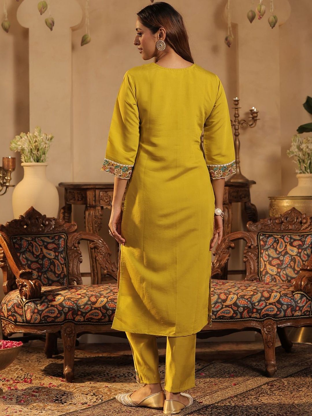Floral Embroidered Straight Kurta With Trousers & Dupatta