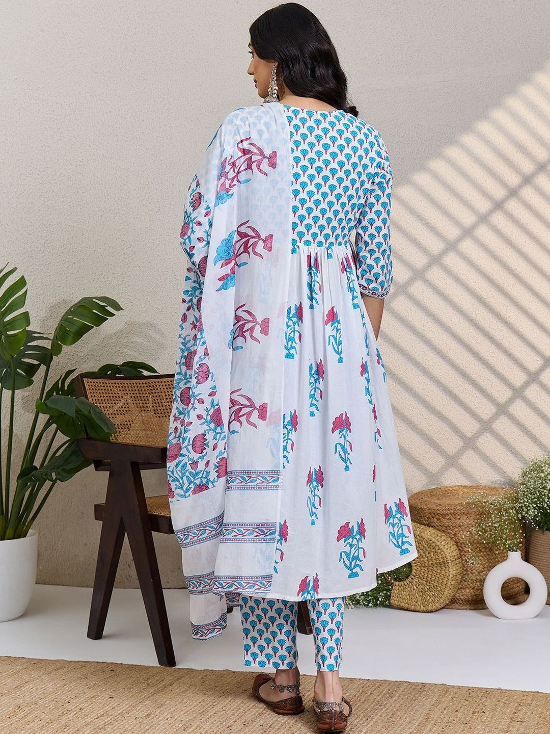 Women Floral Printed Cotton A-Line Kurta with Trousers & Dupatta