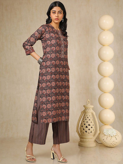 Dhiyona SO Women's Floral Printed Round Neck Sequinned Straight Kurta With Palazzo
