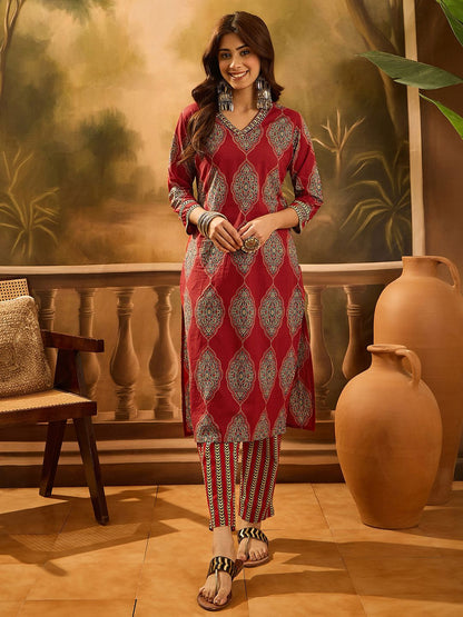 Dhiyona SN Women's Floral Printed V-Neck Sequinned Cotton Straight Kurta With Trouser & Dupatta