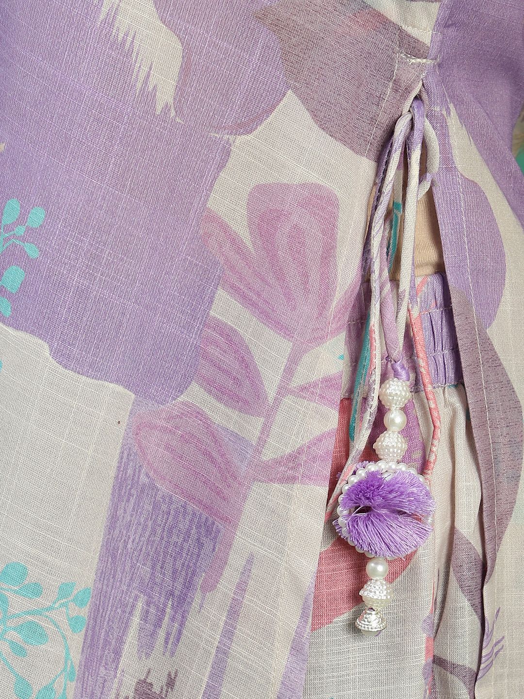 Dhiyona SN Women's Beige Floral Printed Mirror Work V-Neck Straight Kurta With Trousers