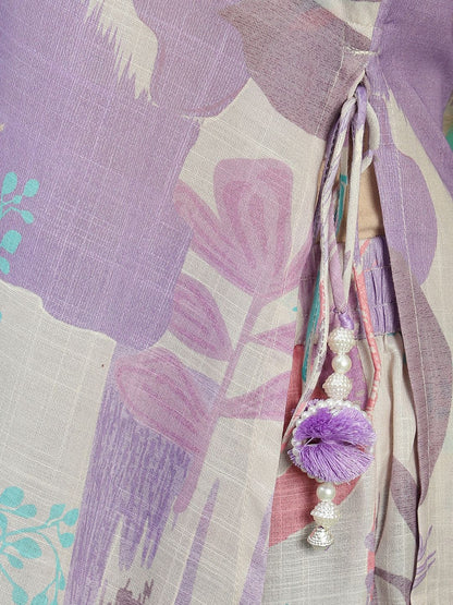 Dhiyona SN Women's Beige Floral Printed Mirror Work V-Neck Straight Kurta With Trousers