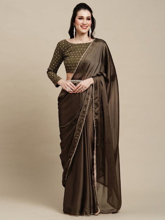 Women's Georgette Olive Solid Designer Saree With Blouse Piece