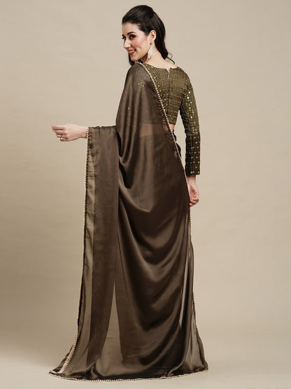 Women's Georgette Olive Solid Designer Saree With Blouse Piece
