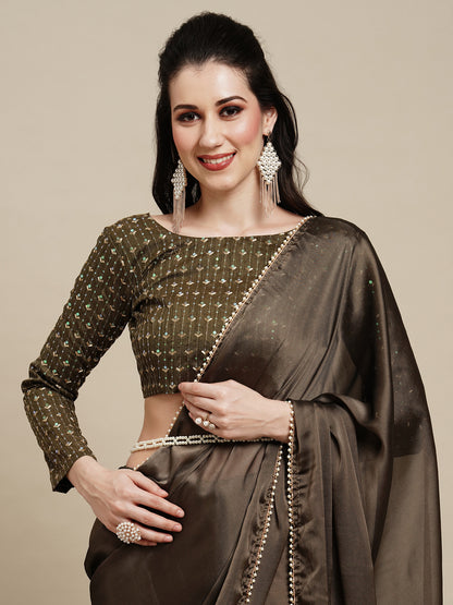 Women's Georgette Olive Solid Designer Saree With Blouse Piece