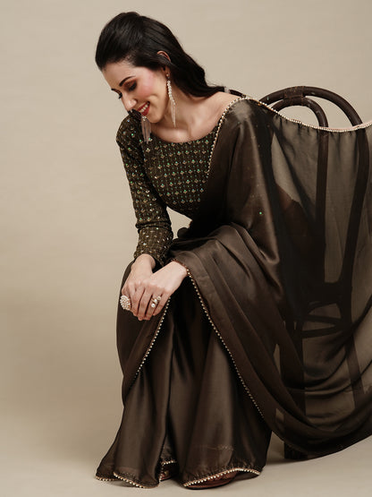 Women's Georgette Olive Solid Designer Saree With Blouse Piece