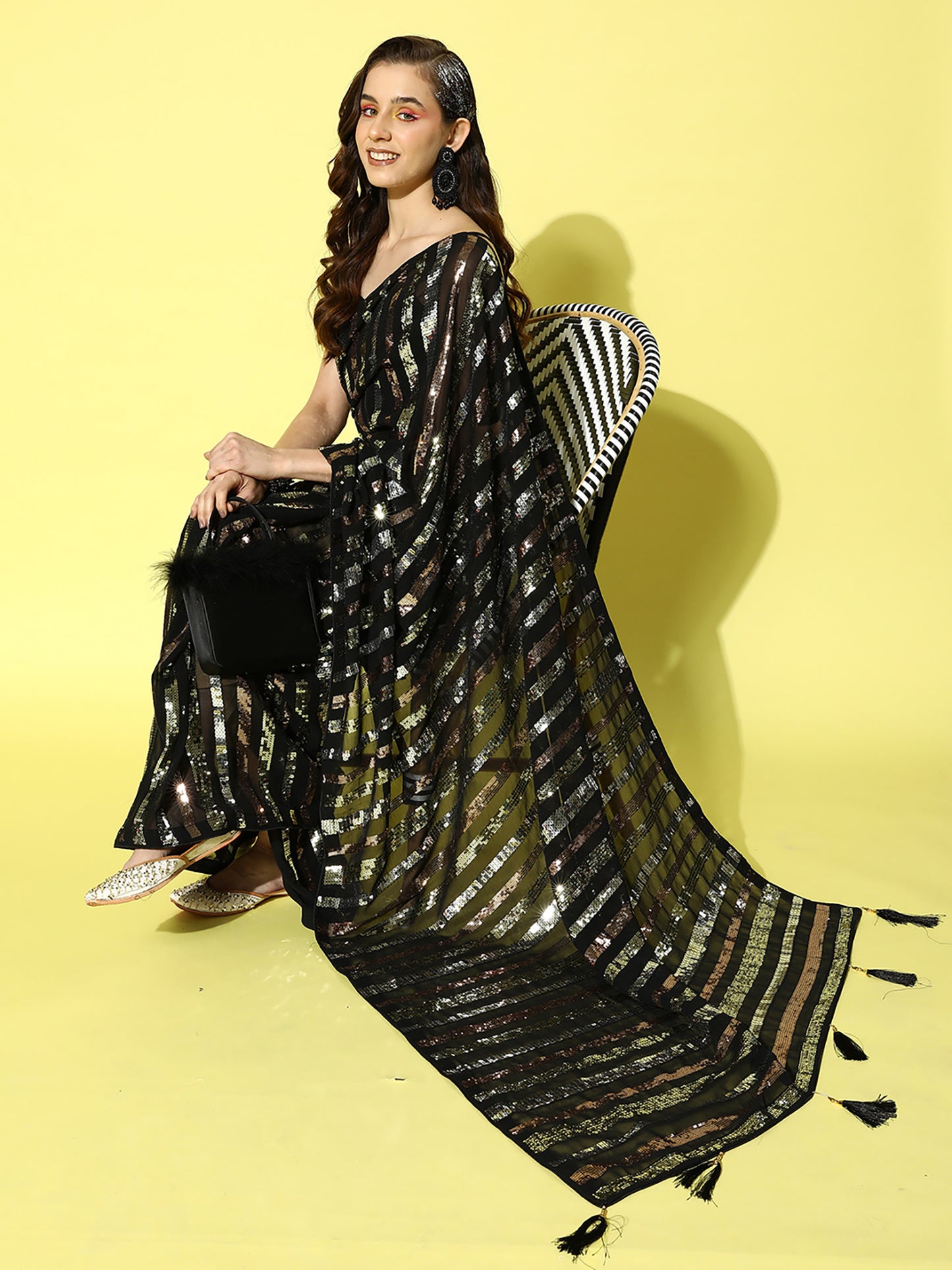 Women's Georgette Black Embellished Designer Saree With Blouse Piece