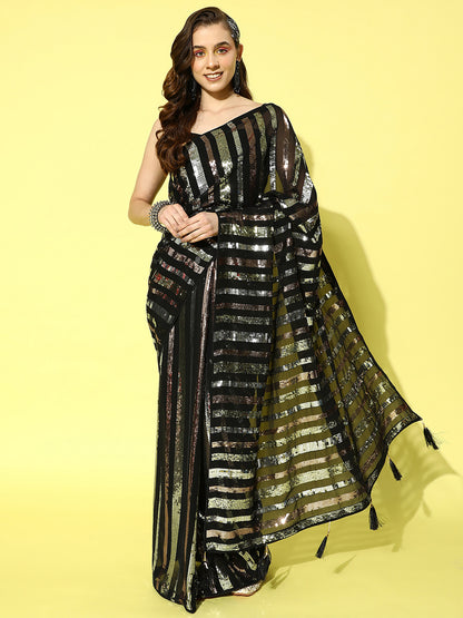 Women's Georgette Black Embellished Designer Saree With Blouse Piece