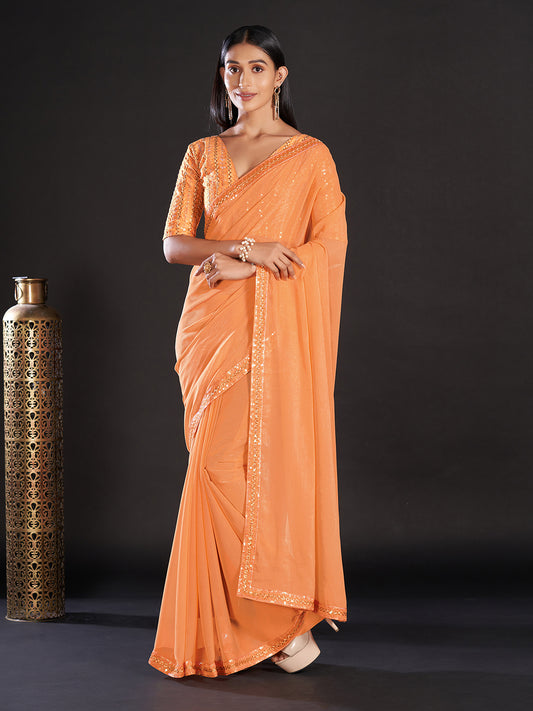 Women's Georgette Orange Embellished Designer Saree With Blouse Piece