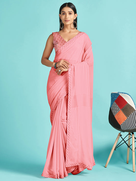Women's Chiffon Pink Embellished Designer Saree With Blouse Piece