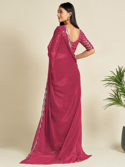 Women's Georgette Pink Embellished Designer Saree With Blouse Piece
