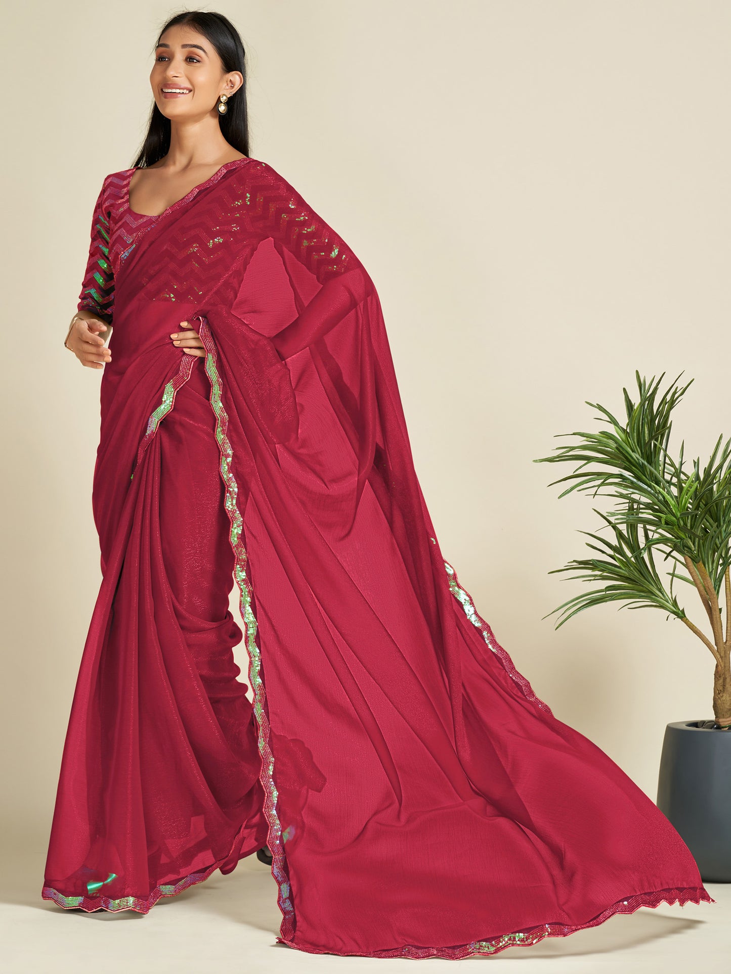 Women's Georgette Pink Embellished Designer Saree With Blouse Piece