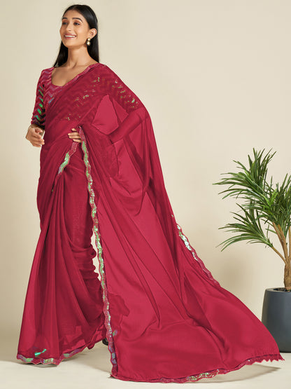 Women's Georgette Pink Embellished Designer Saree With Blouse Piece