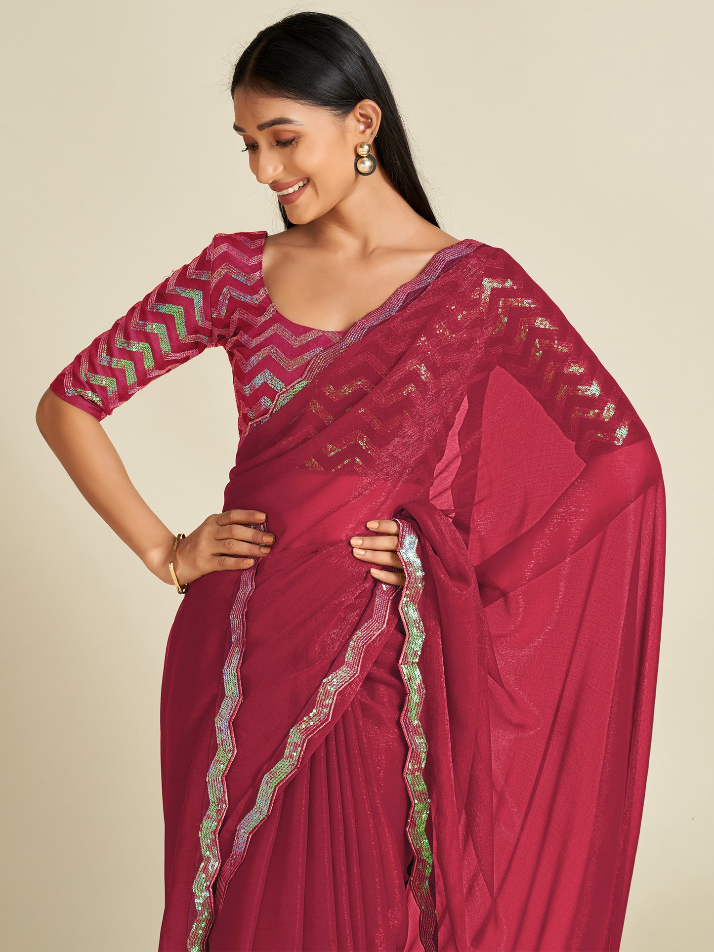 Women's Georgette Pink Embellished Designer Saree With Blouse Piece