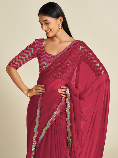 Women's Georgette Pink Embellished Designer Saree With Blouse Piece