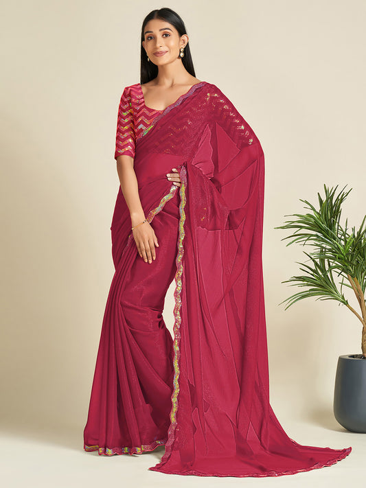 Women's Georgette Pink Embellished Designer Saree With Blouse Piece