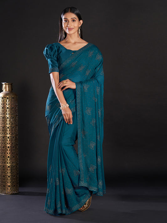 Women's Satin Teal blue Embellished Designer Saree With Blouse Piece