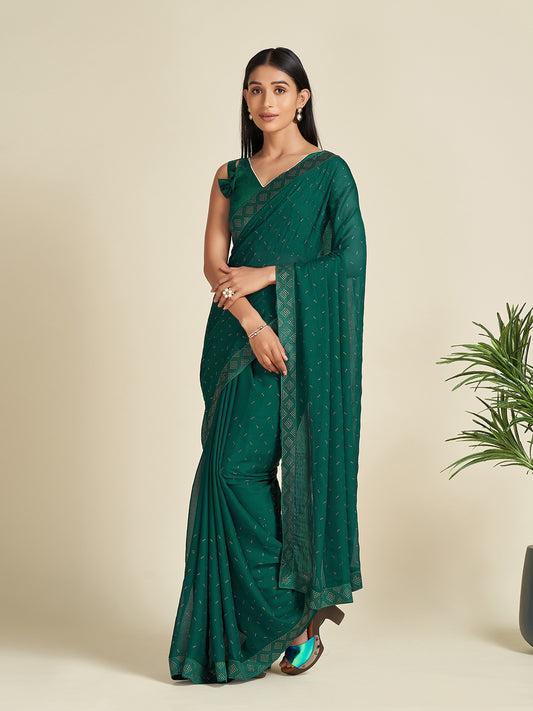 Women's Satin Green Embellished Designer Saree With Blouse Piece