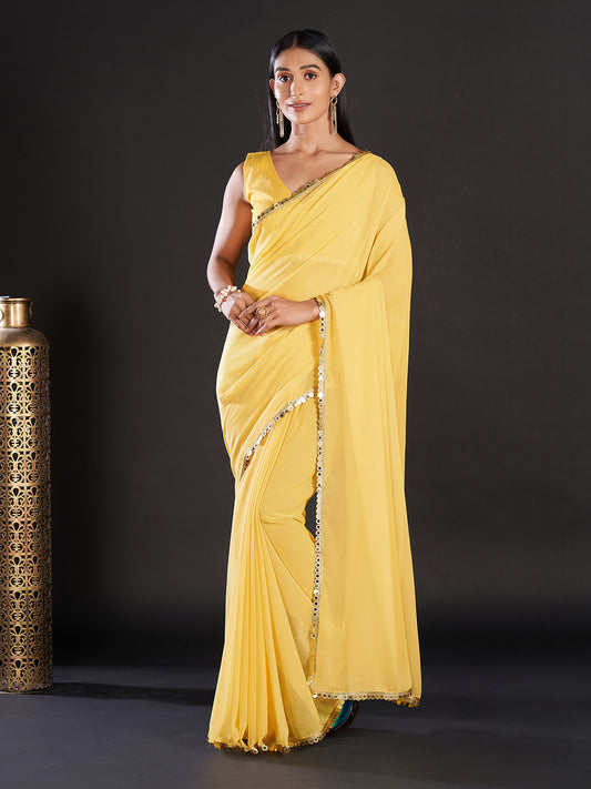 Women's Georgette Yellow Embellished Designer Saree With Blouse Piece