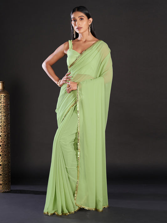 Women's Georgette Green Embellished Designer Saree With Blouse Piece