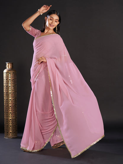 Women's Georgette Mauve Embellished Designer Saree With Blouse Piece