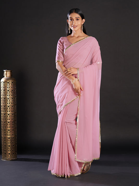 Women's Georgette Mauve Embellished Designer Saree With Blouse Piece