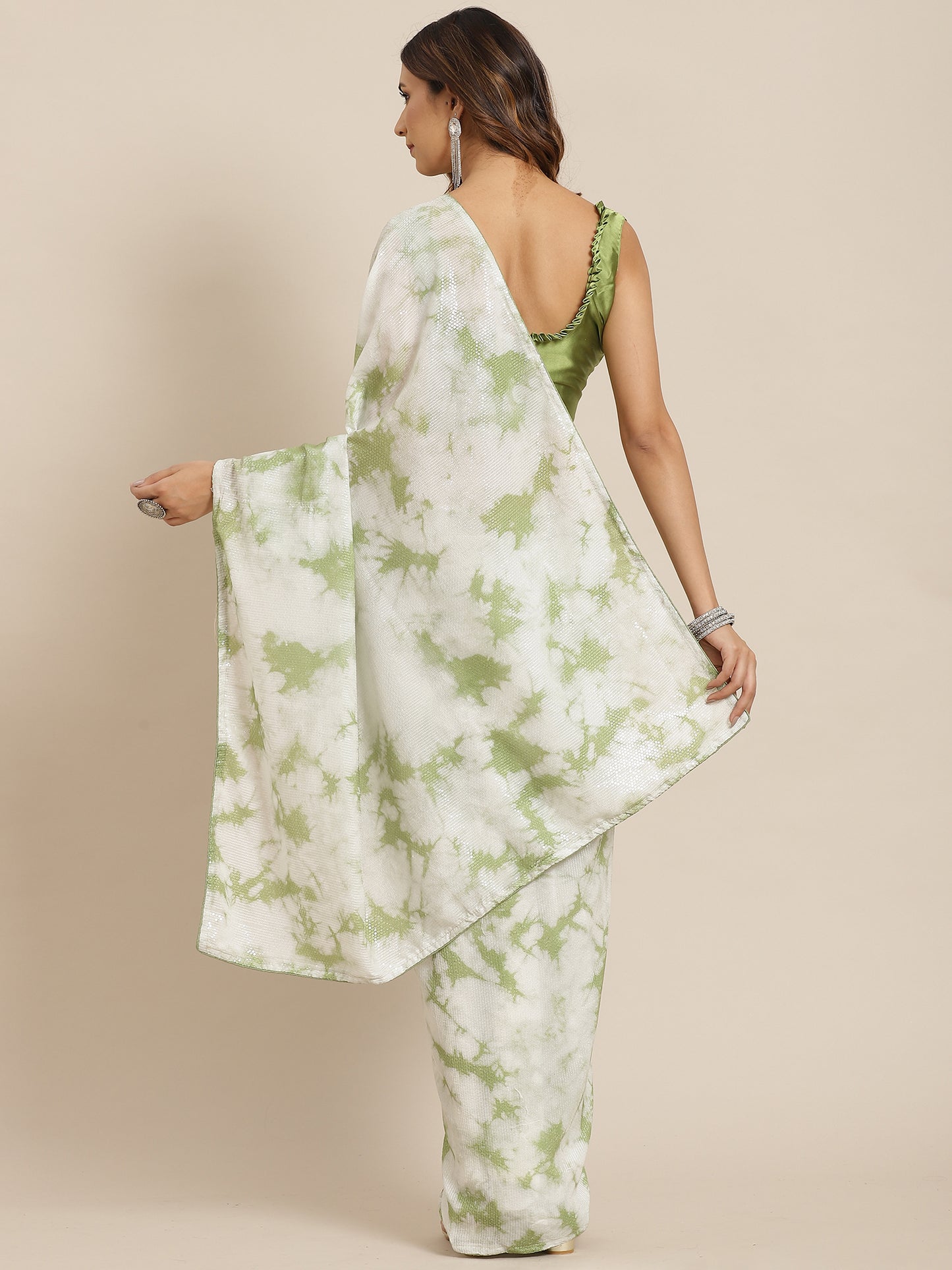 Women's Silk Blend Olive Embellished Celebrity Saree With Blouse Piece