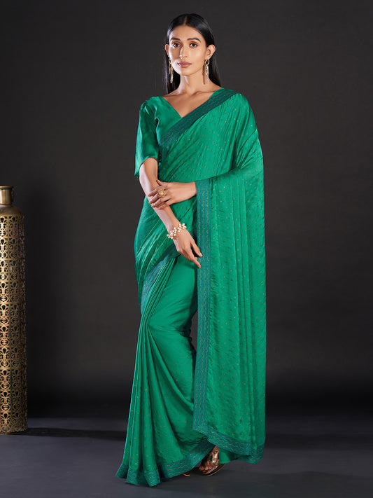 Women's Satin Sea Green Embellished Designer Saree With Blouse Piece