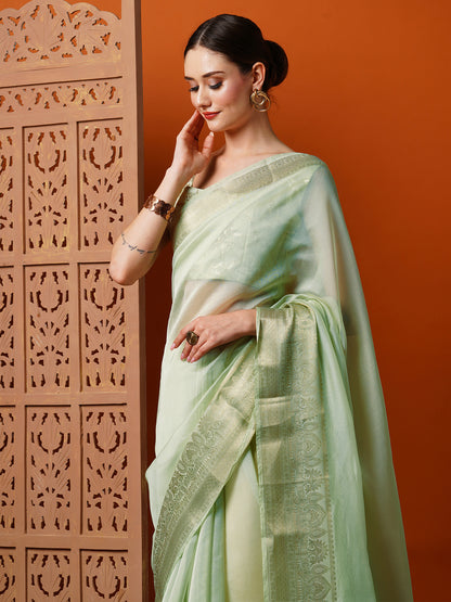 Women's Organza Light Green Woven Design Designer Saree With Blouse Piece
