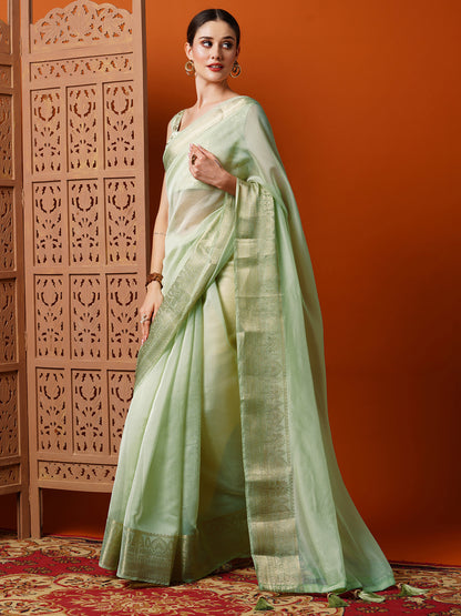 Women's Organza Light Green Woven Design Designer Saree With Blouse Piece