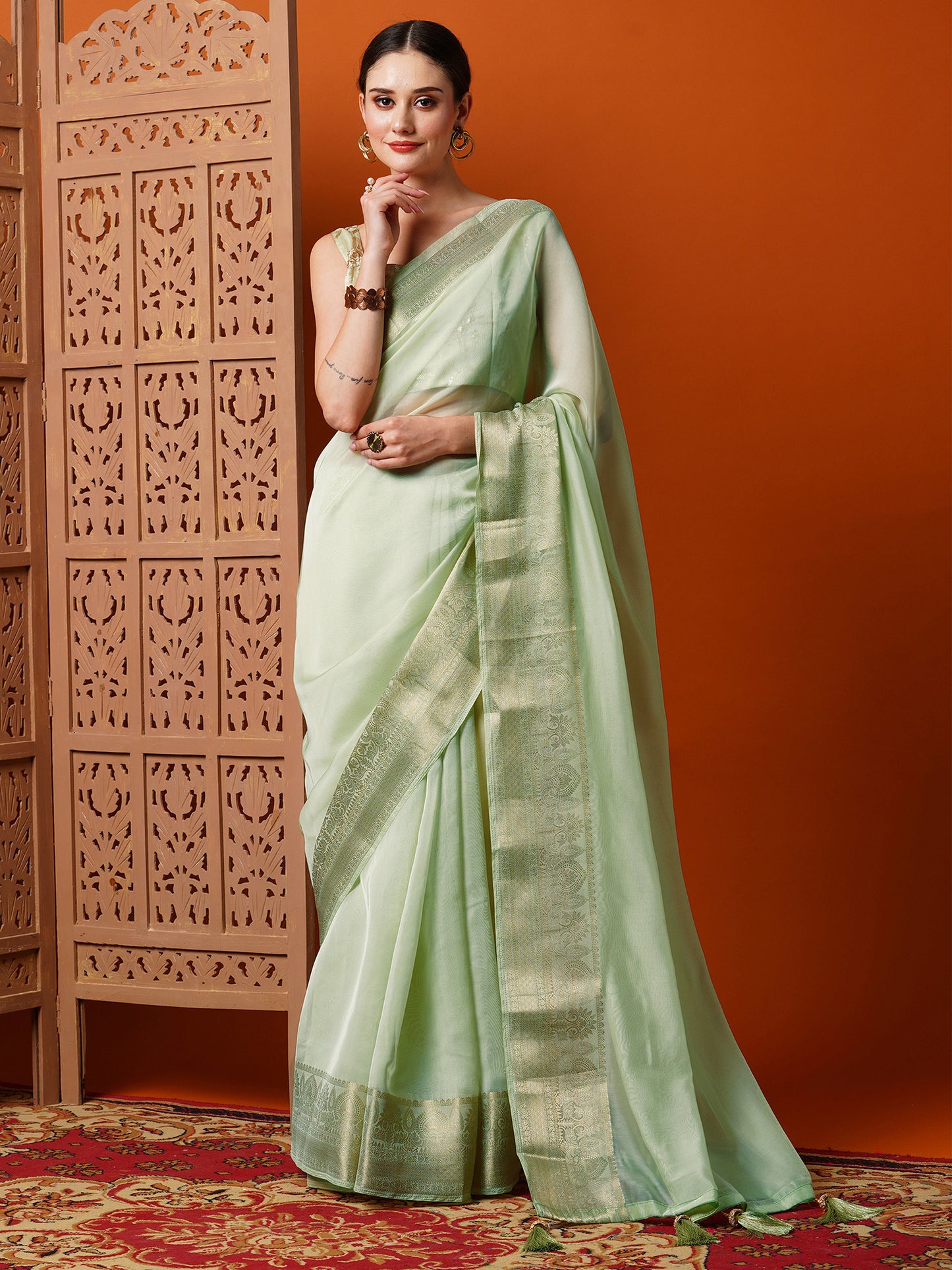 Women's Organza Light Green Woven Design Designer Saree With Blouse Piece
