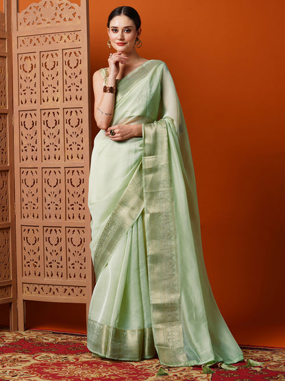Women's Organza Light Green Woven Design Designer Saree With Blouse Piece
