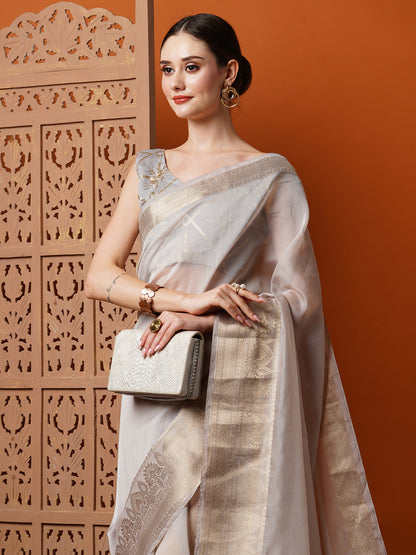 Women's Organza Grey Woven Design Designer Saree With Blouse Piece