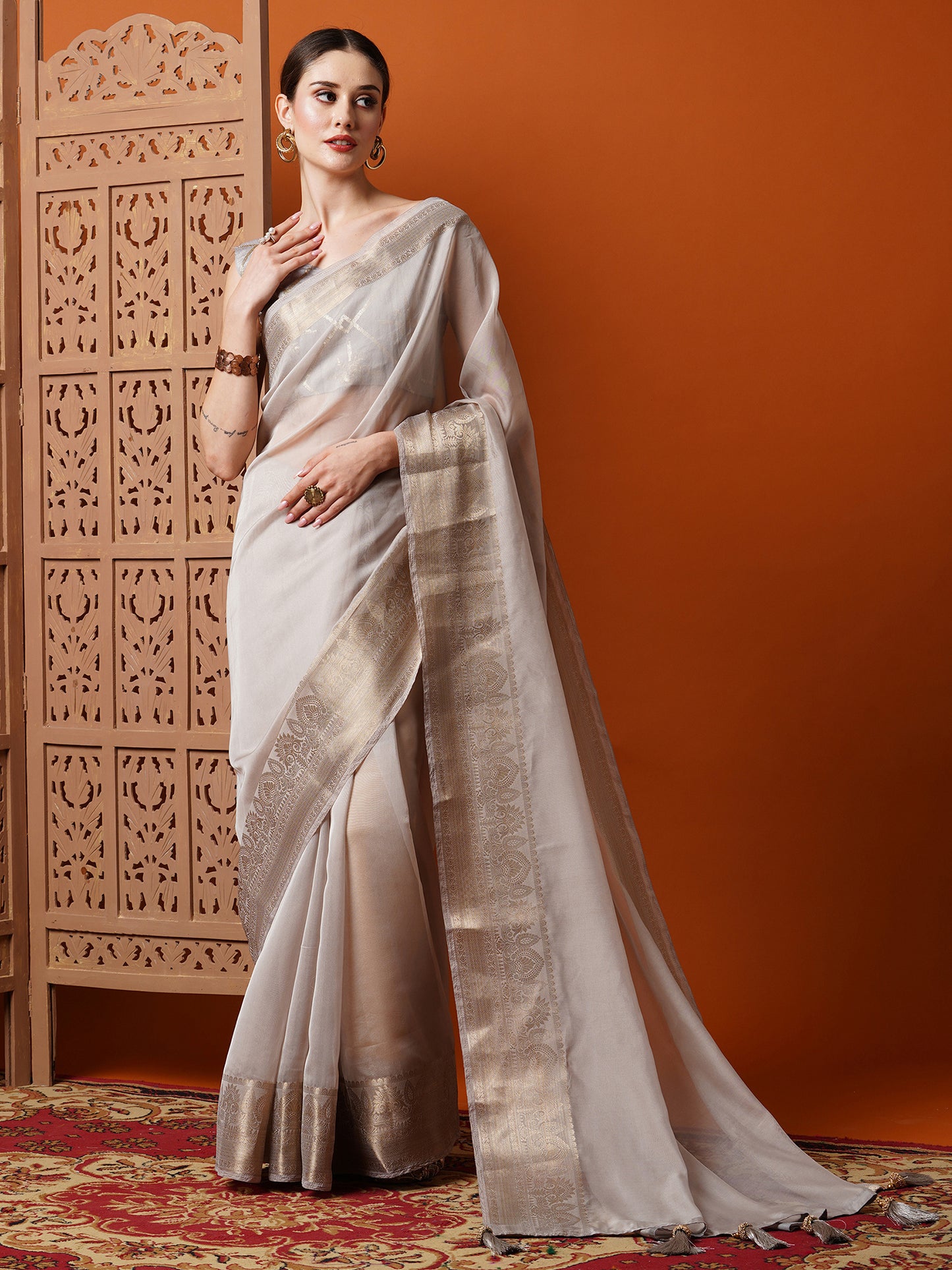 Women's Organza Grey Woven Design Designer Saree With Blouse Piece