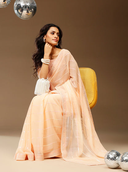 Women's Chiffon Peach Embellished Designer Saree With Blouse Piece