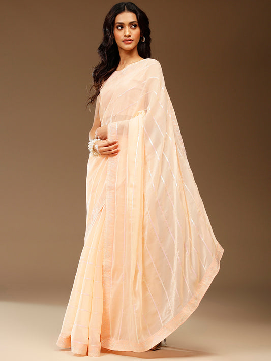Women's Chiffon Peach Embellished Designer Saree With Blouse Piece