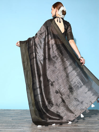 Women's Cotton Silk Charcoal Grey Printed Celebrity Saree With Blouse Piece