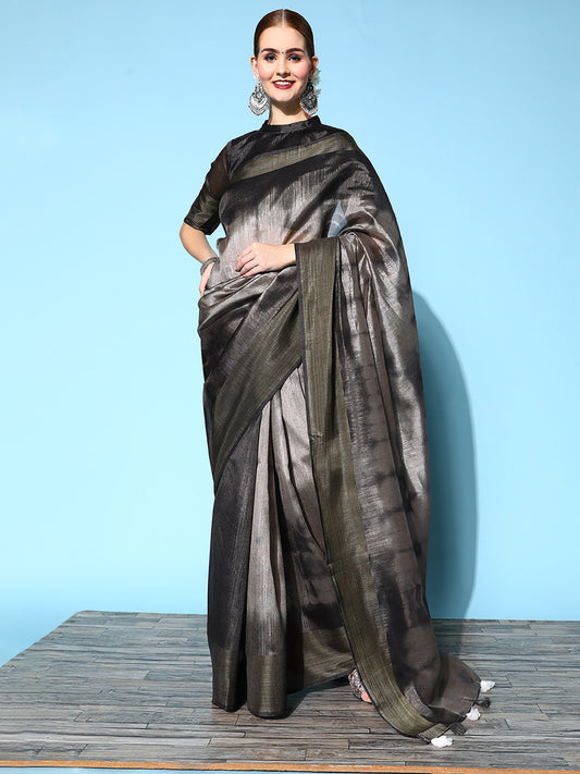 Women's Cotton Silk Charcoal Grey Printed Celebrity Saree With Blouse Piece