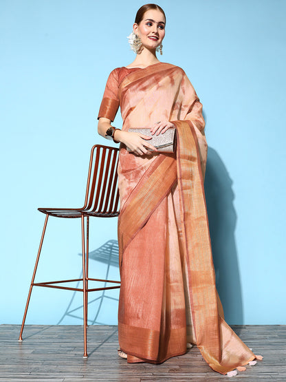 Women's Cotton Silk Brown Printed Celebrity Saree With Blouse Piece