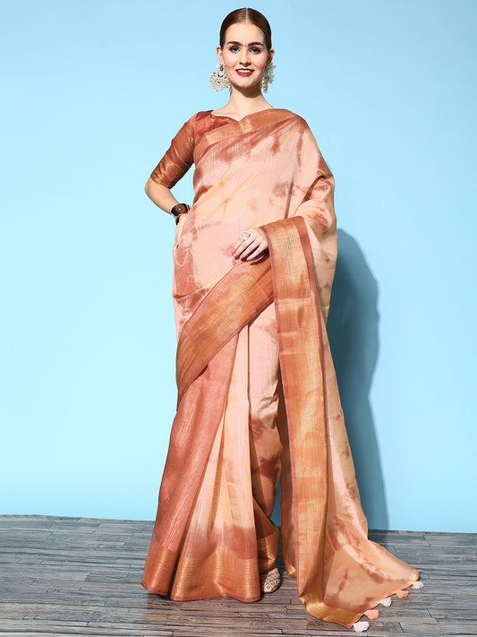 Women's Cotton Silk Brown Printed Celebrity Saree With Blouse Piece
