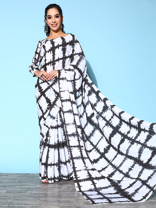 Women's Crepe White Digital Print Celebrity Saree With Blouse Piece