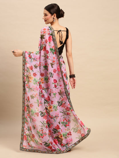 Women's Georgette Lavender Embellished Designer Saree With Blouse Piece