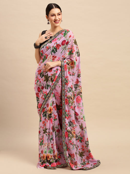 Women's Georgette Lavender Embellished Designer Saree With Blouse Piece