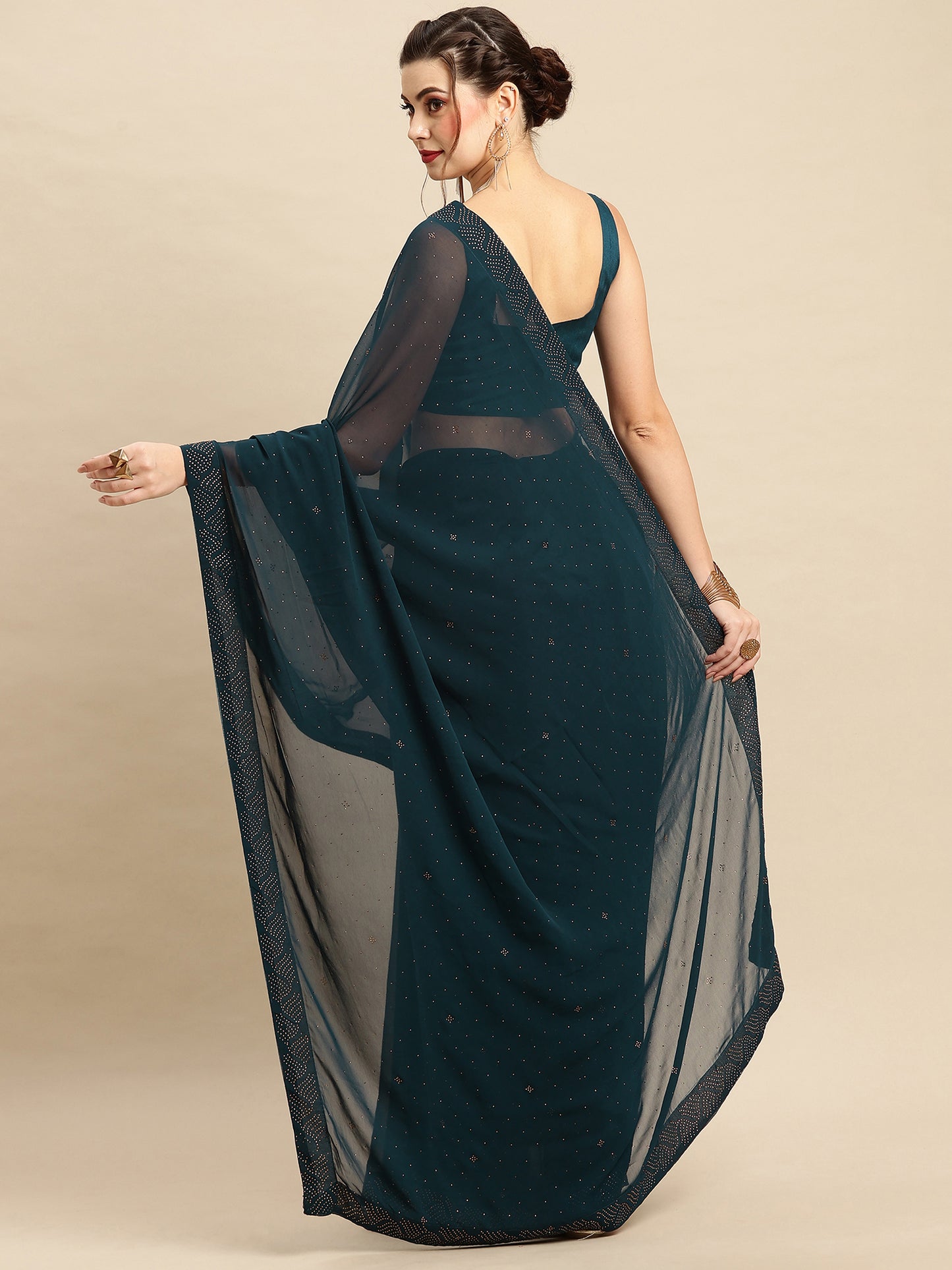 Women's Georgette Teal blue Embellished Designer Saree With Blouse Piece