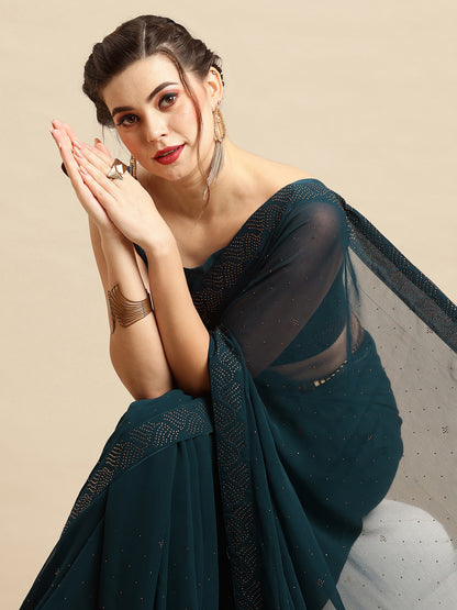 Women's Georgette Teal blue Embellished Designer Saree With Blouse Piece