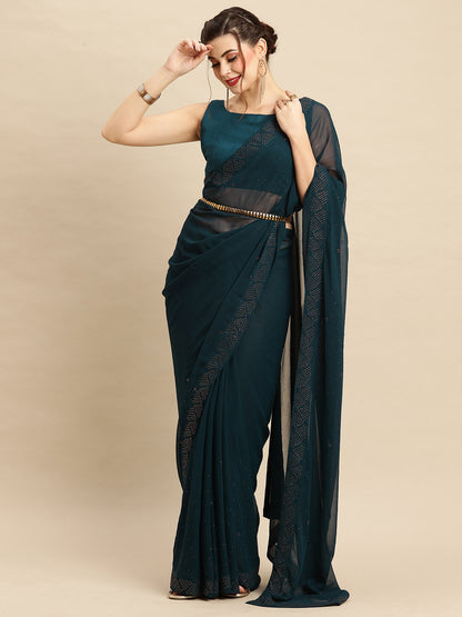 Women's Georgette Teal blue Embellished Designer Saree With Blouse Piece