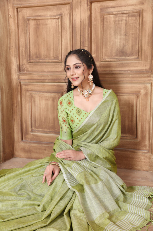 Dhiyona GR Women's Glory Kiwi Green Soft Linen Solid Woven Saree