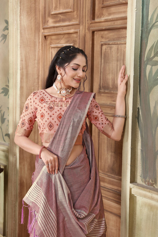 Dhiyona GR Women's Glory Opera Mauve Soft Linen Solid Woven Saree
